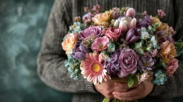 Vibrant bouquet of flowers held by person in cozy sweater against a textured background photo