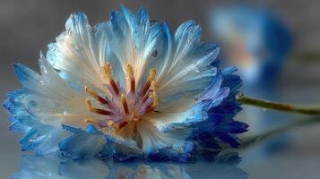 Vibrant blue flower with dew drops resting on a surface captures the essence of nature's beauty photo