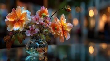 Brightly colored flowers in a glass vase reflect soft evening lights in an outdoor setting photo