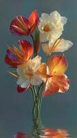 Vibrant bouquet of mixed flowers with reflections in water against a soft background photo
