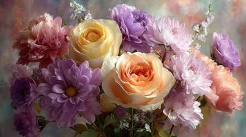 Freshly arranged roses and chrysanthemums create a vibrant bouquet in soft pastel colors for any occasion photo