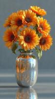 Bright sunflowers in a glass vase create a cheerful atmosphere in a well-lit room photo