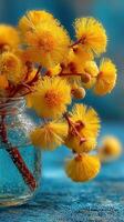 Bright yellow fluffy flowers in a glass vase against a textured blue background photo
