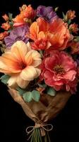 Vibrant bouquet with colorful flowers arranged beautifully for a special occasion in a dark setting photo