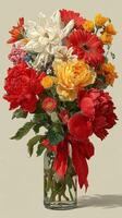 Vibrant bouquet of assorted flowers in a glass vase with red ribbon displayed against a neutral background photo