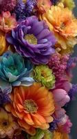 Vibrant arrangement of colorful artificial flowers in shades of purple, orange, and blue against a dark background photo