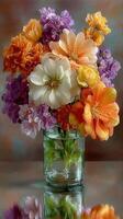 Colorful floral arrangement in a glass vase on a reflective surface captured in soft natural light photo