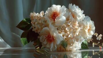 Elegant floral arrangement featuring soft white blooms and subtle peach accents in a tranquil indoor setting photo