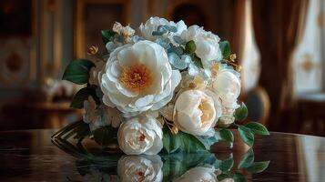 Elegant floral arrangement with white peonies and greenery displayed on a polished table in a grand interior space photo