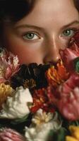 Young woman with green eyes surrounded by colorful flowers in a natural setting photo