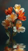 Vibrant bouquet of orange and white flowers reflected in still water setting photo
