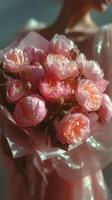 Soft pink peonies held by a person dressed in a delicate fabric, capturing a moment of beauty and elegance outdoors in natural light photo