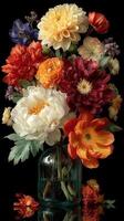 Vibrant bouquet of flowers in a glass vase displayed against a dark background with scattered petals photo