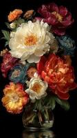 Colorful bouquet of peonies and assorted flowers displayed in a glass vase against a dark background photo