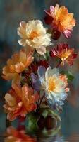 Beautiful arrangement of colorful flowers in a vase showcasing vibrant blossoms in a serene setting photo