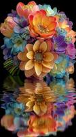 Brightly colored bouquet of flowers reflected on a smooth surface with droplets in the evening light photo