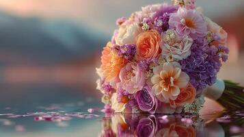 Vibrant bouquet rests on calm water at sunset reflecting the beauty of spring flowers photo