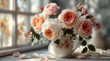 Beautiful bouquet of pink and white roses in an elegant vase placed on a table near a sunlit window photo
