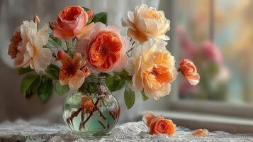 Elegant bouquet of peach and cream roses in a glass vase on a lace tablecloth by the window during soft afternoon light photo