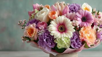 Beautiful floral arrangement featuring vibrant flowers in an elegant bouquet on a soft backdrop photo