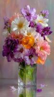 Vibrant bouquet of flowers in a glass vase with soft pastel background creating a cheerful atmosphere photo