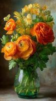 Colorful ranunculus flowers in a glass vase on a neutral background showcasing natural beauty and elegance photo