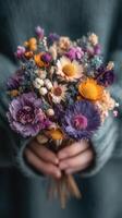 Colorful dried flower bouquet held by person wearing cozy sweater during autumn season photo
