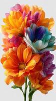 Vibrant bouquet of colorful flowers with water droplets captured indoors in soft light photo