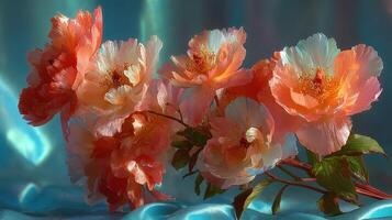 Beautiful pink peonies arranged gracefully on a silky blue fabric backdrop in soft lighting photo