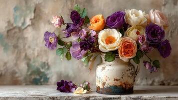 Colorful bouquet of roses and wildflowers in a rustic container on a weathered table indoors photo