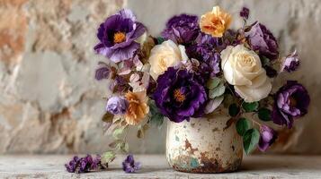 Beautiful arrangement of dried flowers in a rustic pot against a textured wall backdrop photo