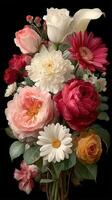 Beautiful bouquet of assorted flowers in vibrant colors arranged elegantly against a dark background photo