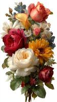 Colorful bouquet featuring various flowers arranged in an artistic display with vivid petals and lush greenery photo