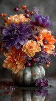 Beautiful autumn floral arrangement in a pumpkin vase with vibrant colors and textures, showcasing seasonal blooms photo