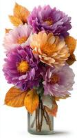 Beautiful floral arrangement featuring vibrant dahlias and autumn leaves in a glass vase on a white background photo