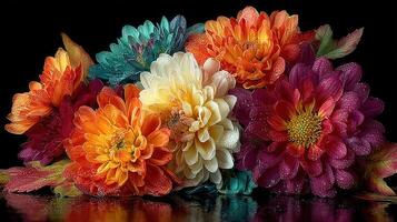 Bright dahlia flowers with water droplets arranged artistically on a black background photo