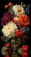 Bright bouquet of flowers in a glass vase with colorful blossoms reflecting on a dark background photo