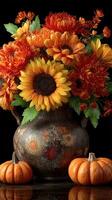 Vibrant autumn bouquet with sunflowers and pumpkins displayed on a dark background photo