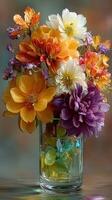 Vibrant mixed flower arrangement in glass vase with colorful candies on display photo