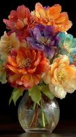 Colorful bouquet of vibrant flowers in a glass vase on a dark background highlighting their beauty and elegance photo