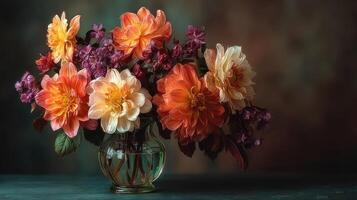 Colorful floral arrangement in a glass vase showcasing dahlias and lilacs against a soft blurred background photo