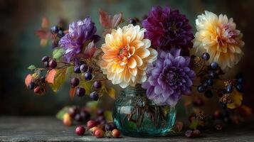 Colorful dahlias in a glass vase with autumn leaves and berries on a rustic wooden table in a softly lit setting photo