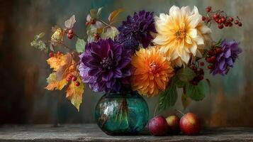 Colorful autumn bouquet with dahlias and berries in a vintage vase on a rustic wooden table photo