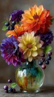 Colorful dahlia bouquet in a glass vase with berries and fresh leaves on a rustic wooden table photo