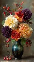 Colorful bouquet of flowers in a decorative vase on a wooden table with berries and rich background photo
