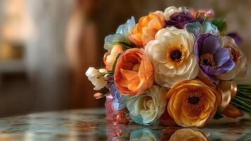 Vibrant floral bouquet with orange, purple, and white blooms arranged elegantly on a reflective surface photo