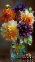 Colorful floral arrangement in a glass vase featuring dahlias and seasonal berries on a rustic wooden table photo