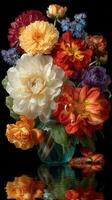 Vibrant bouquet of colorful flowers in a glass vase reflecting gently on a dark surface photo
