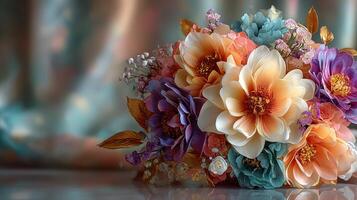 Beautiful bouquet of artificial flowers in pastel colors displayed on a table with a soft, elegant background photo