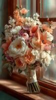 Beautiful floral bouquet featuring pastel roses and peonies near window in soft natural light photo